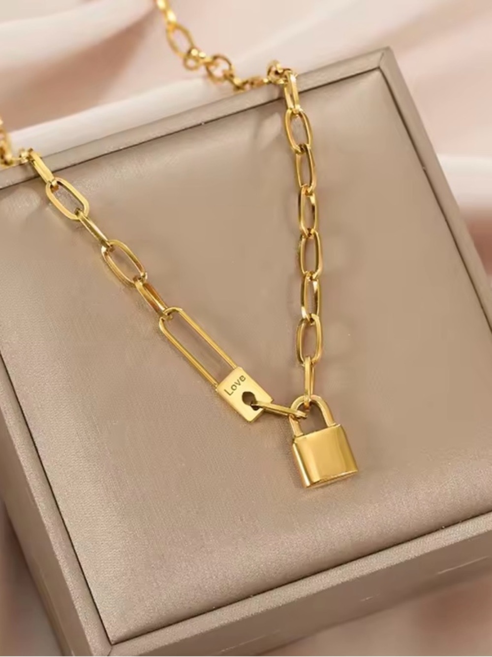 Gold Padlock Link Necklace - Love Charm